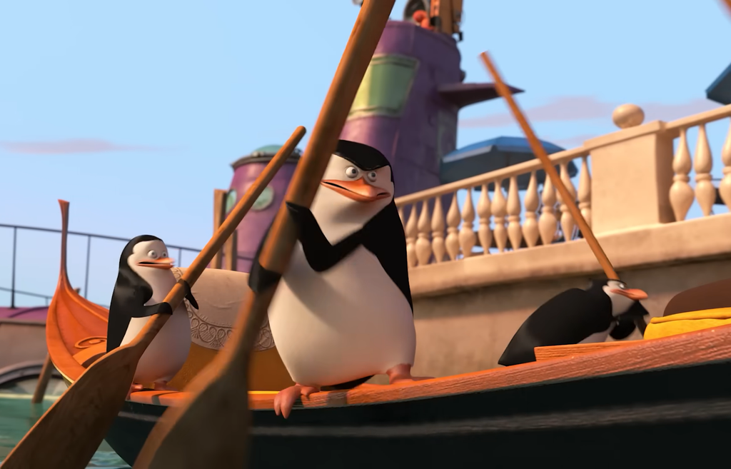The Penguins rowing in Penguins of Madagascar
