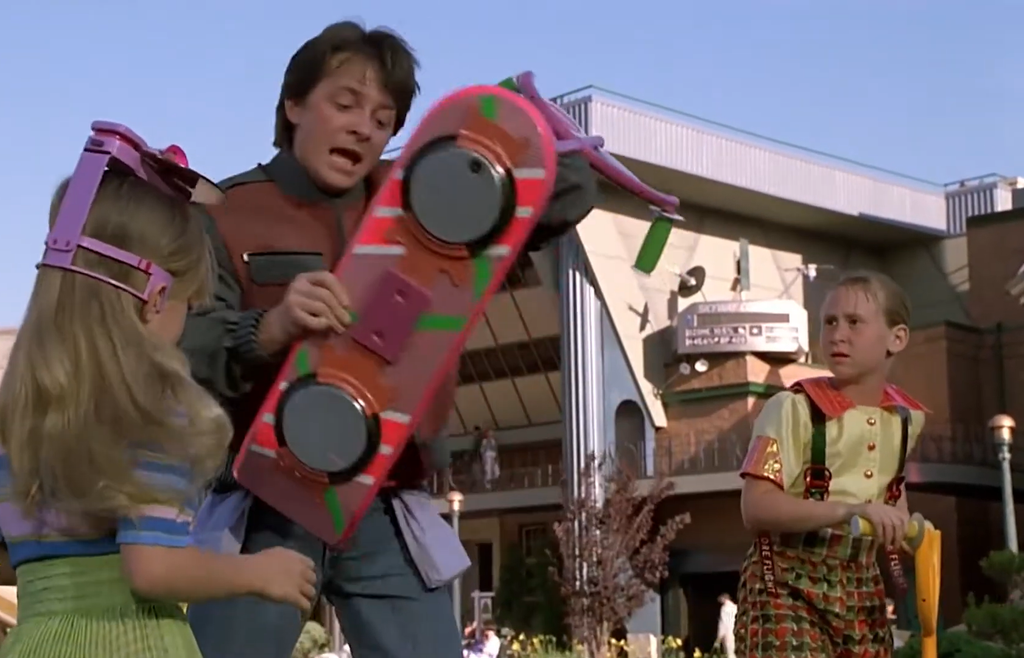Marty McFly and his hoverboard in Back to the Future II